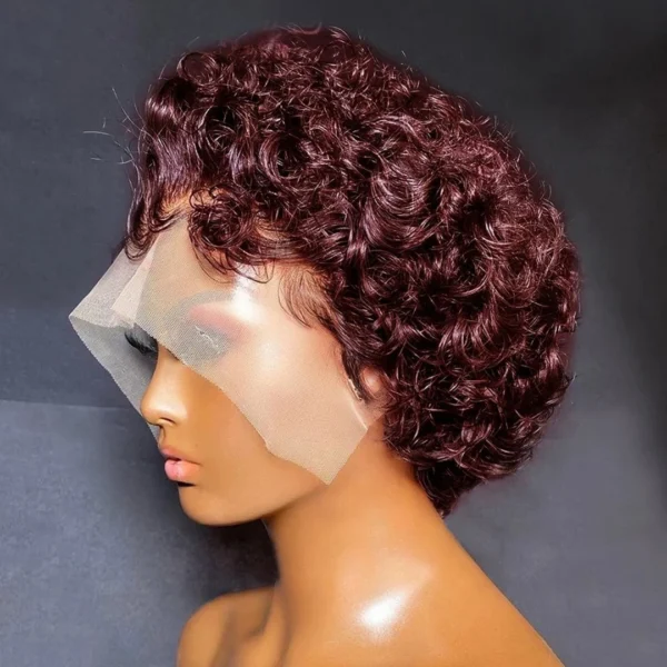 99J Burgundy Highlight Honey Colored Short Curly Pixie Cut Lace Wig Pre plucked Bob Wig 13x2 Lace Front Curly Human Hair Wigs