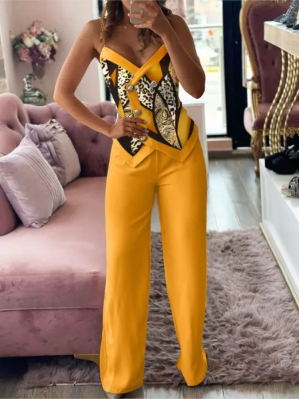 Spring Summer Sleeveless Suit Fashion Print Two Piece Sets Women Sexy V-neck Button Metal Sling Top & Wide Leg Pants Outfits - Image 5