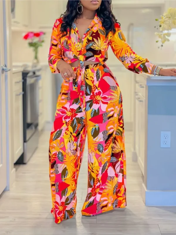 2024 Spring Summer New Long Sleeved Printed Suit For Women Fashion Lapel Single Breasted Shirt Wide Leg Trousers Two Piece Set - Image 3