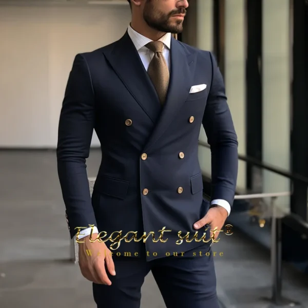 Men's navy blue business double-breasted suit 2-piece set (jacket + trousers) classic gold button peak collar formal wear