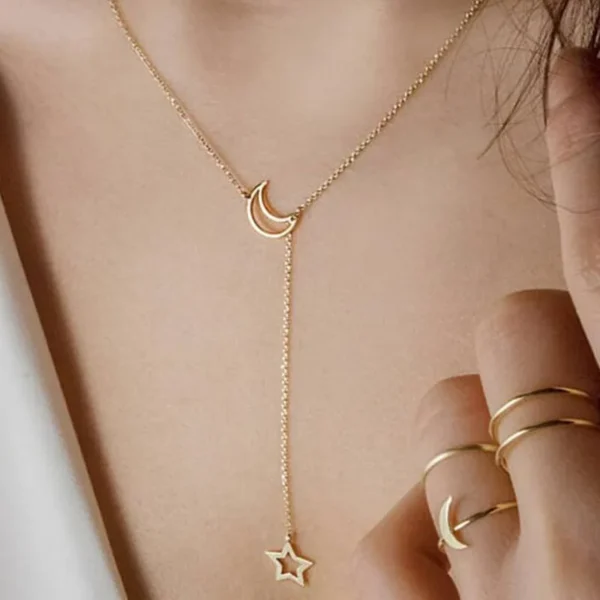 New Fashion Jewelry Star Moon Choker Necklace Gift For Women Girl Gold Color Chain Hollow Star Pendant Necklace Drop Shipping - Image 2