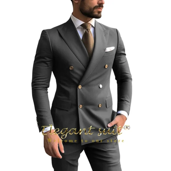 Men's navy blue business double-breasted suit 2-piece set (jacket + trousers) classic gold button peak collar formal wear - Image 2