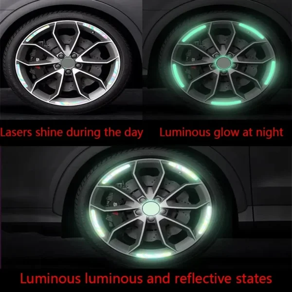 20PCS Universal Wheel Hub Reflective Sticker Rainbow Luminous Stripe Tape Car Decals Night Driving Safety Motorcycle Accessories - Image 4