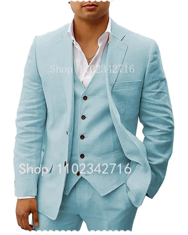 3 Piece Linen Summer Men Suits for Wedding Groom Tuxedos 2023 Casual Beach Custom Man Suit Set Jacket Vest with Pants Man Fahion - Image 3