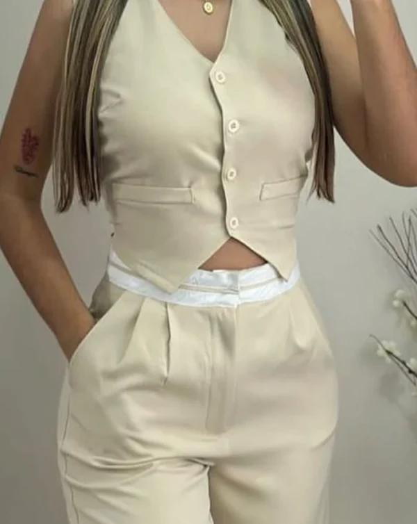 New Fashion 2024 Summer Casual Sexy Elegant V-Neck Buttoned Vest Top & Pocket Design Pants Set Womens Two Piece Sets Outfit - Image 2