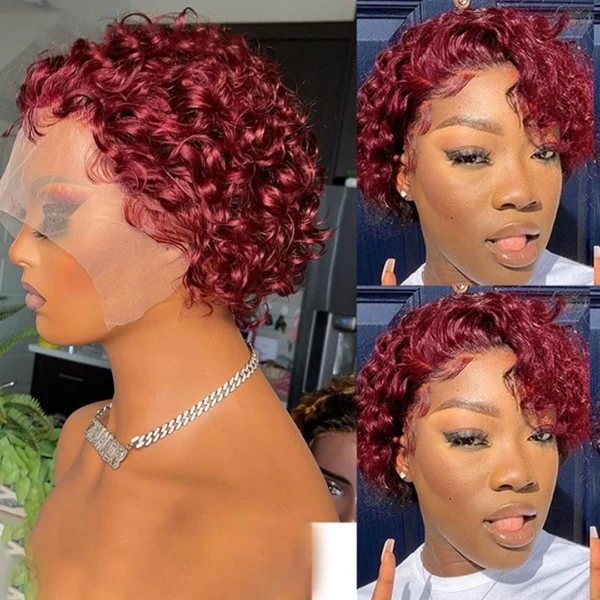 99J Burgundy Highlight Honey Colored Short Curly Pixie Cut Lace Wig Pre plucked Bob Wig 13x2 Lace Front Curly Human Hair Wigs - Image 3