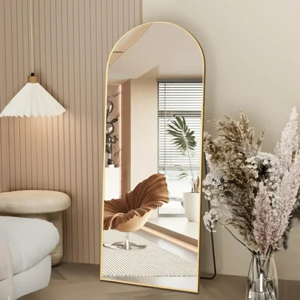 Full Length Mirror, 64"x21" Arch Mirror Floor with Stand, Gold Arched Full Body Standing or Leaning Mirror for Bedroom