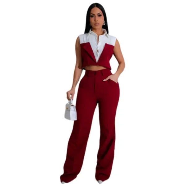 Spring Summer Fashion Color Contrasting Two Piece Set Women Short Sleeve Shirt Top Straight Long Pants Elegant 2 Piece Set Women - Image 4