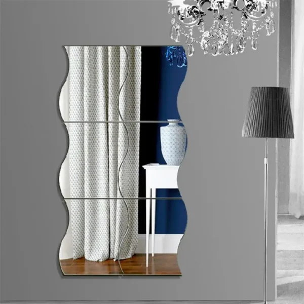 6pcs 3D Wave Square Adhesive Decals Wave Shape Mirror Wall Stickers For Living Room DIY Mirror Wall Mural Modern Art Home Decor