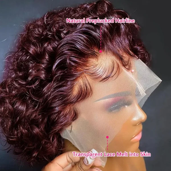 99J Burgundy Highlight Honey Colored Short Curly Pixie Cut Lace Wig Pre plucked Bob Wig 13x2 Lace Front Curly Human Hair Wigs - Image 2