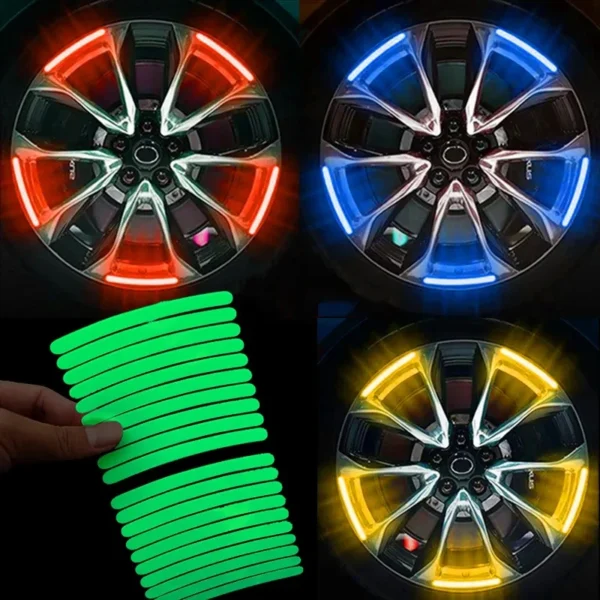 20PCS Universal Wheel Hub Reflective Sticker Rainbow Luminous Stripe Tape Car Decals Night Driving Safety Motorcycle Accessories