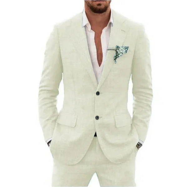 Casual Linen Suit for Men Notched Lapel Slim Fit 2 Pieces for Wedding Dresses Summer Beach Tuxedo Suits for Men - Image 4