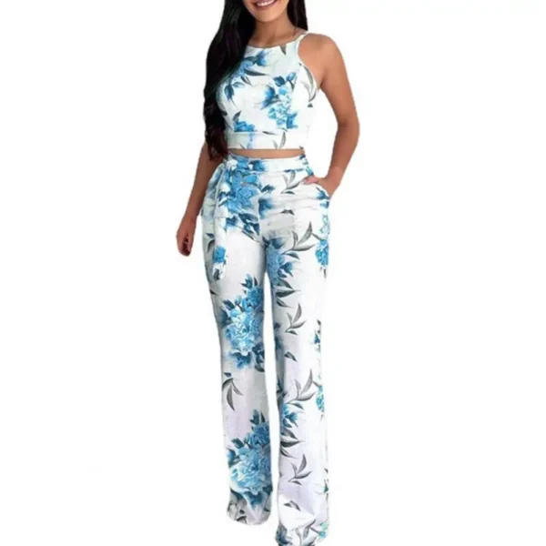 2Pieces Set Women Trouser Flower Pattern Sleeveless High Waist Milk Silk Vest Wide-leg Pants Casual Outfit Women Set - Image 3