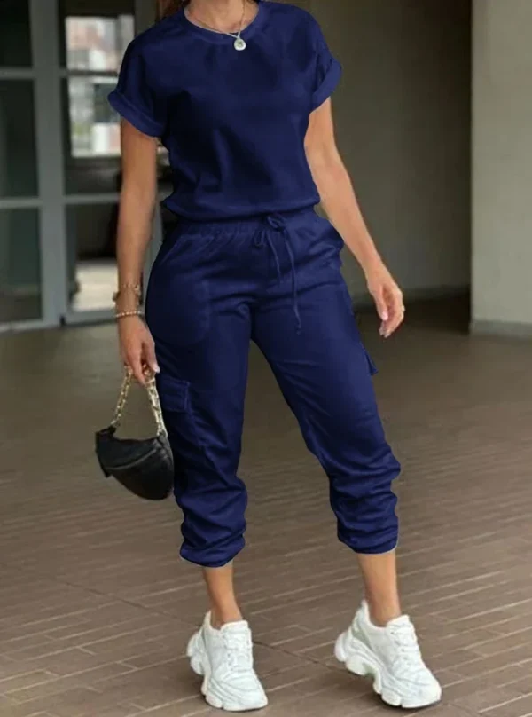 Sporty Two Piece Set Women Outfit Summer Fashion Colorblock Denim Look Print Round Neck Short Sleeve Top & Drawstring Pants Set - Image 3