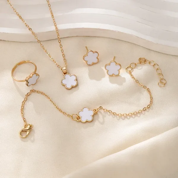 Fashionable Four-piece Set Jewelry for Woman Lucky Five-petal Flower Clover Earrings Necklace Ring Bracelet Accessories Party - Image 3