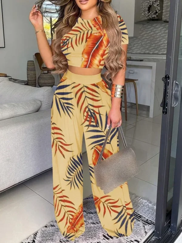 New Women's Sexy Ultra Short Top Set Summer Fashion Printed Corset Waist Long Pants Slim Elegant Female Casual Pants 2 Piece Set - Image 4