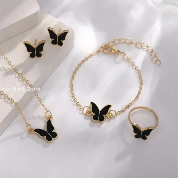 New Personalized Butterfly Glazed Bracelet Ring Necklace Earring, Exquisite Small and Fashionableand High Sense Collar Chain Set - Image 5