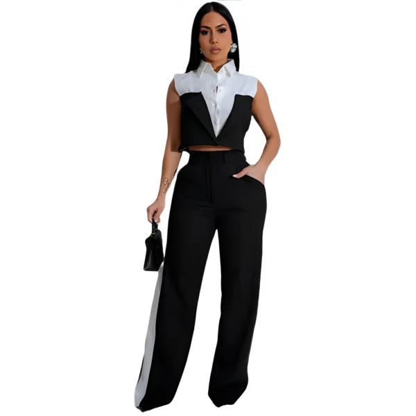 Spring Summer Fashion Color Contrasting Two Piece Set Women Short Sleeve Shirt Top Straight Long Pants Elegant 2 Piece Set Women - Image 3