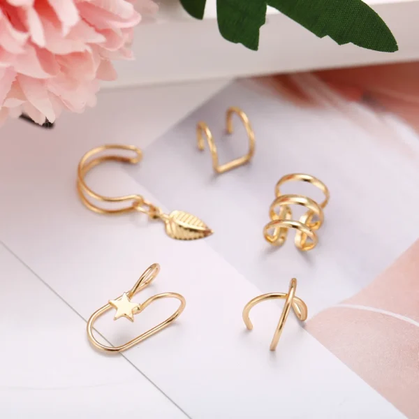 5Pcs/Lot Clip On Earring Golden Leaves Non-Piercing Ear Jewelry For Women Men Wholesale Girl Gifts - Image 3