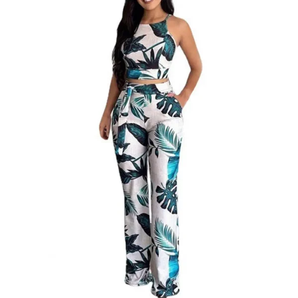 2Pieces Set Women Trouser Flower Pattern Sleeveless High Waist Milk Silk Vest Wide-leg Pants Casual Outfit Women Set