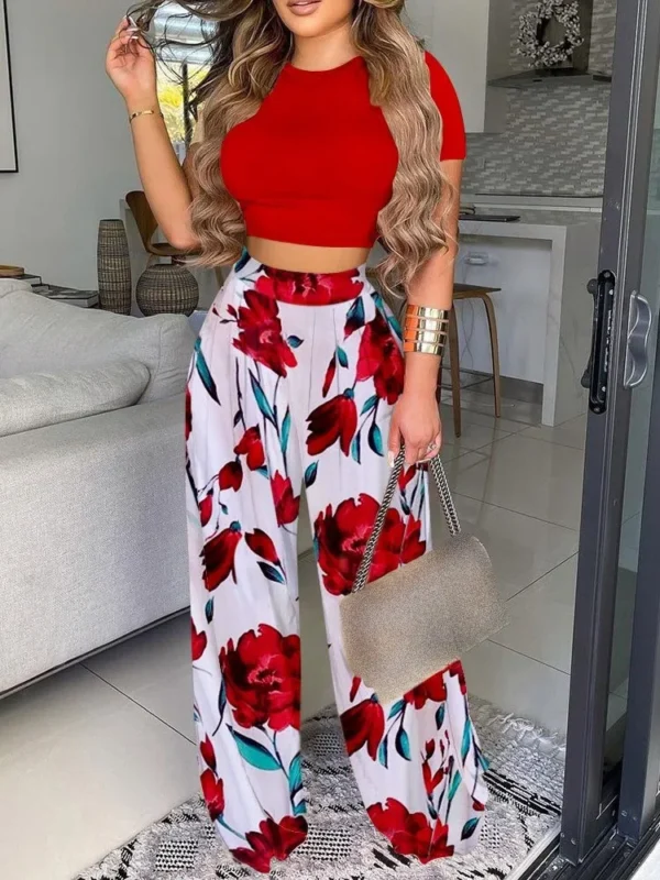 New Women's Sexy Ultra Short Top Set Summer Fashion Printed Corset Waist Long Pants Slim Elegant Female Casual Pants 2 Piece Set - Image 2