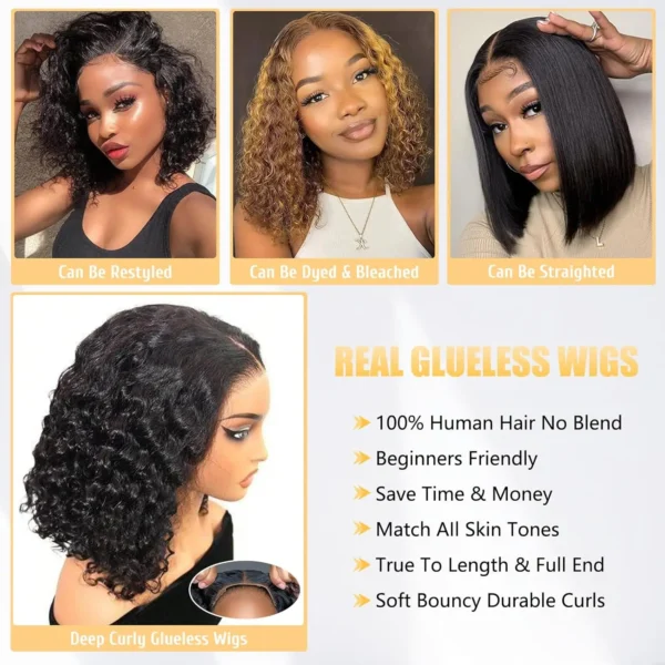 Short Bob Glueless Wigs Deep Wave Glueless Human Hair Ready To Wear 180% Pre Cut Lace 4x4 13x4 Culry Lace Front Human Hair Black - Imagem 28