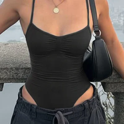 Sweetown Sleeveless Skinny Shirring Skinny Sexy Spaghetti Strap Bodysuit For Women Black Solid Simple Basic Vacation Camisole