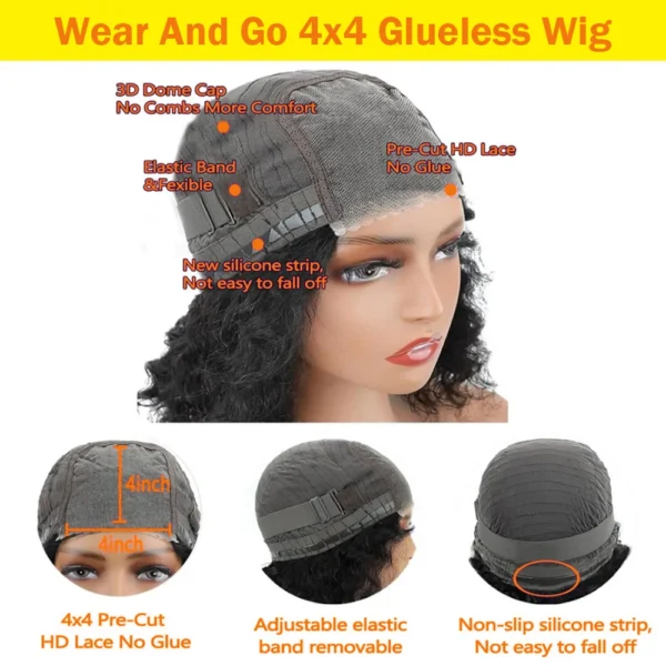 Short Bob Glueless Wigs Deep Wave Glueless Human Hair Ready To Wear 180% Pre Cut Lace 4x4 13x4 Culry Lace Front Human Hair Black - Imagem 8
