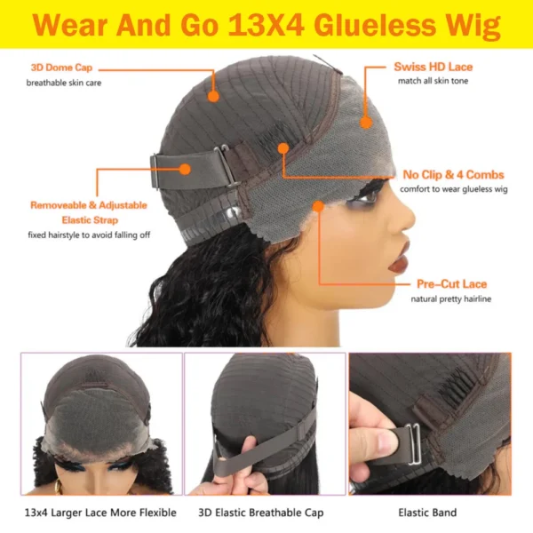 Short Bob Glueless Wigs Deep Wave Glueless Human Hair Ready To Wear 180% Pre Cut Lace 4x4 13x4 Culry Lace Front Human Hair Black - Imagem 7