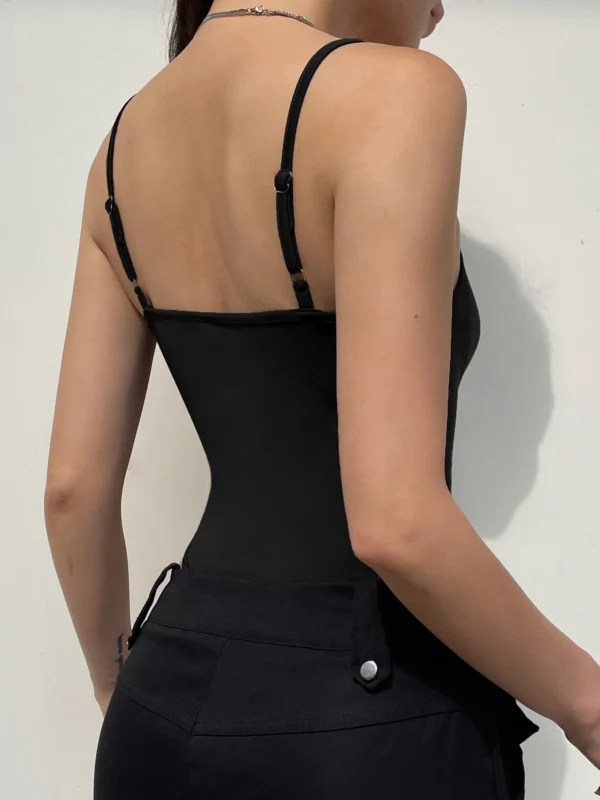 Sweetown Sleeveless Skinny Shirring Skinny Sexy Spaghetti Strap Bodysuit For Women Black Solid Simple Basic Vacation Camisole - Imagem 2