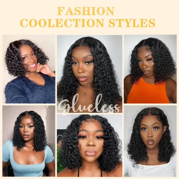 Short Bob Glueless Wigs Deep Wave Glueless Human Hair Ready To Wear 180% Pre Cut Lace 4x4 13x4 Culry Lace Front Human Hair Black - Imagem 5