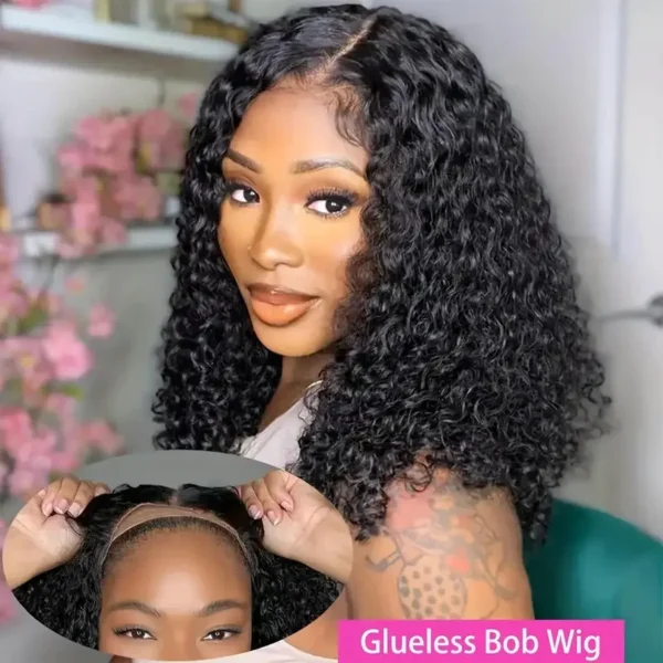 Short Bob Glueless Wigs Deep Wave Glueless Human Hair Ready To Wear 180% Pre Cut Lace 4x4 13x4 Culry Lace Front Human Hair Black - Imagem 11