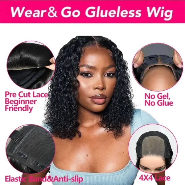 Short Bob Glueless Wigs Deep Wave Glueless Human Hair Ready To Wear 180% Pre Cut Lace 4x4 13x4 Culry Lace Front Human Hair Black - Imagem 3