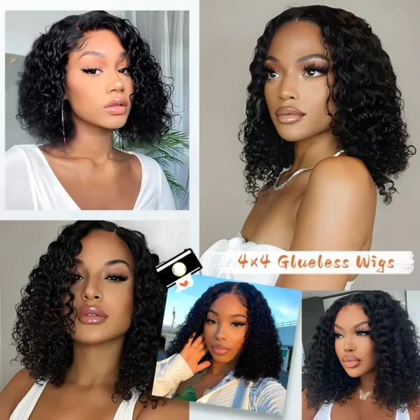 Short Bob Glueless Wigs Deep Wave Glueless Human Hair Ready To Wear 180% Pre Cut Lace 4x4 13x4 Culry Lace Front Human Hair Black - Imagem 18