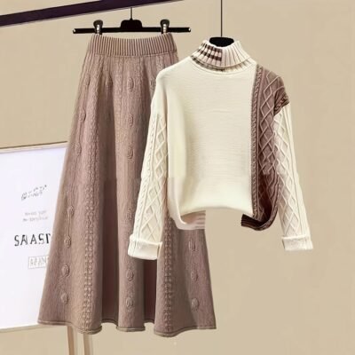 Fashion Polo Collar Wool Skirt Set – Retro Elegance for Modern Women