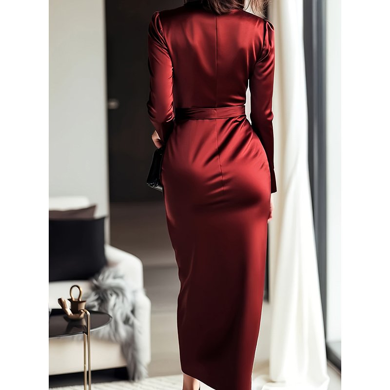 Women's Burgundy Satin Midi Dress Elegant V-Neck Long Sleeve Bodycon Dress With Belted Waist - Imagem 4