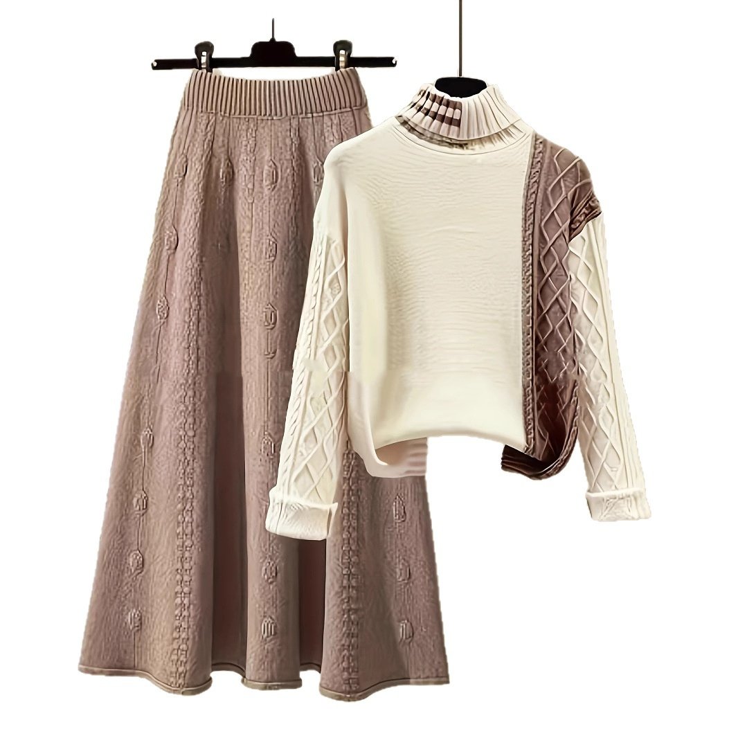 Fashion Polo Collar Contrast Color High Class Elegant Design Woolen Skirt Two-piece Set - Imagem 2