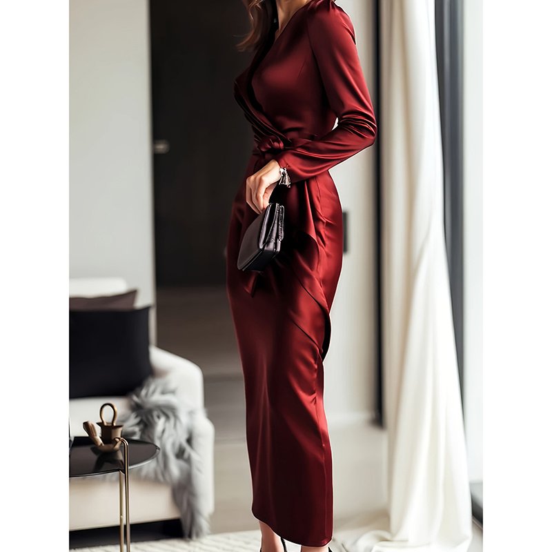 Women's Burgundy Satin Midi Dress Elegant V-Neck Long Sleeve Bodycon Dress With Belted Waist - Imagem 2