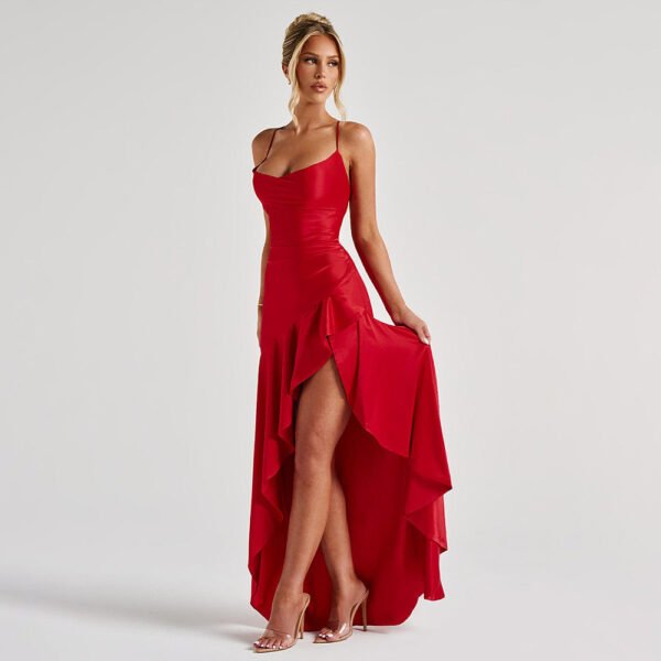 Summer 2025 new temperament elegant satin long skirt personality suspender ruffle high slit dress club clothing Vestidos - Imagem 31