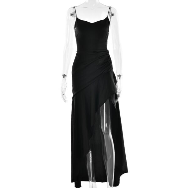 Summer 2025 new temperament elegant satin long skirt personality suspender ruffle high slit dress club clothing Vestidos - Imagem 10
