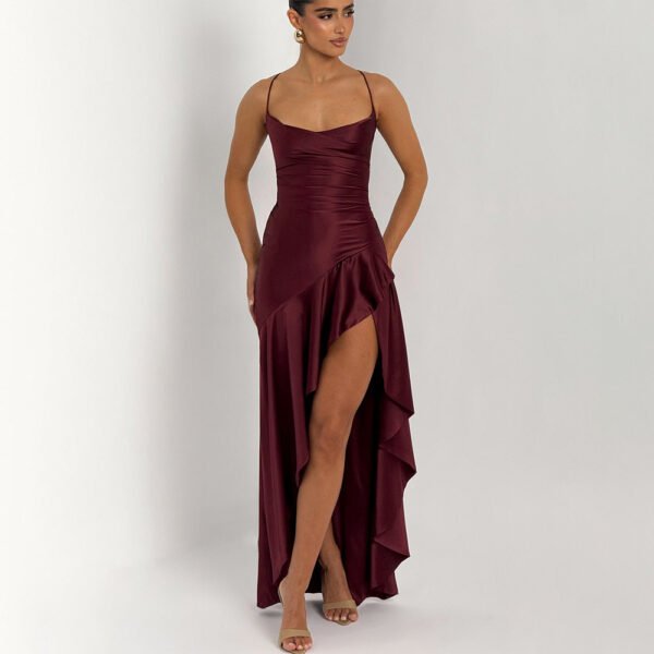 Summer 2025 new temperament elegant satin long skirt personality suspender ruffle high slit dress club clothing Vestidos - Imagem 35