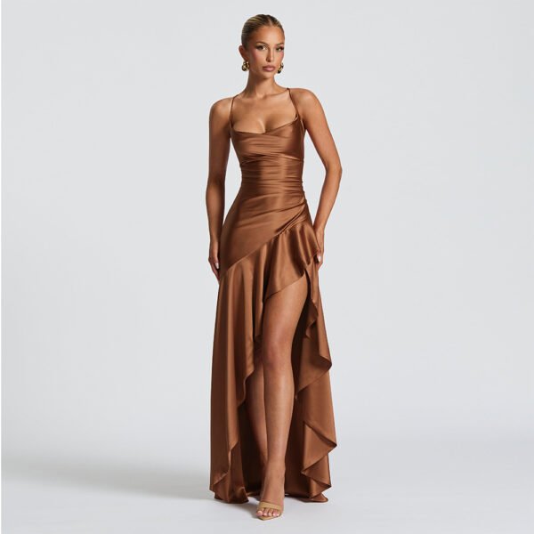 Summer 2025 new temperament elegant satin long skirt personality suspender ruffle high slit dress club clothing Vestidos - Imagem 23