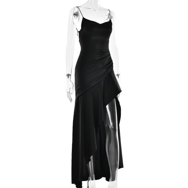 Summer 2025 new temperament elegant satin long skirt personality suspender ruffle high slit dress club clothing Vestidos - Imagem 11