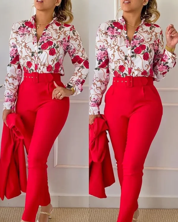 Elegant Women Printed Two Piece Suit Sets Spring Autumn V Neck Long Sleeve Shirt Top & Long Pants Set With Belt Workwear Outfits - Imagem 16