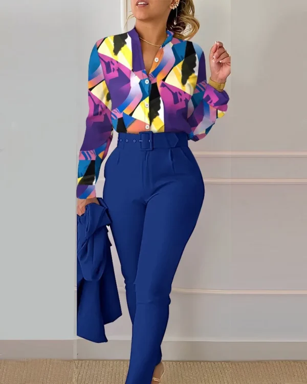 Elegant Women Printed Two Piece Suit Sets Spring Autumn V Neck Long Sleeve Shirt Top & Long Pants Set With Belt Workwear Outfits - Imagem 26