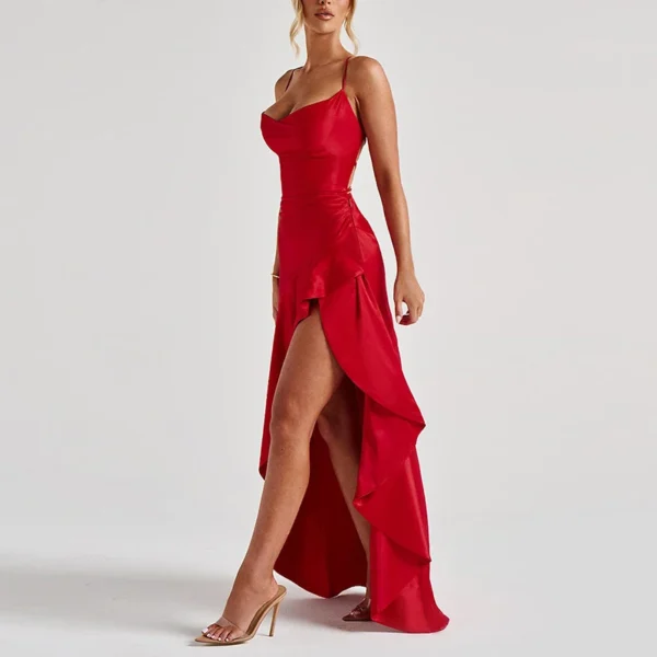 Sexy Slash Neck Slim Ruffle Banquet Dress Women Spring Backless Lace-up Long Irregular Dress Summer Sleeveless Hollow Maxi Dress - Imagem 13