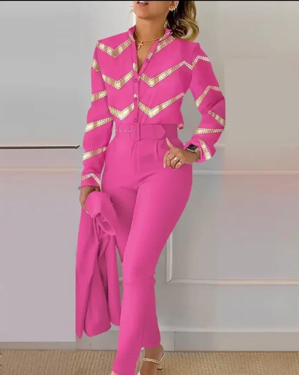 Elegant Women Printed Two Piece Suit Sets Spring Autumn V Neck Long Sleeve Shirt Top & Long Pants Set With Belt Workwear Outfits - Imagem 7