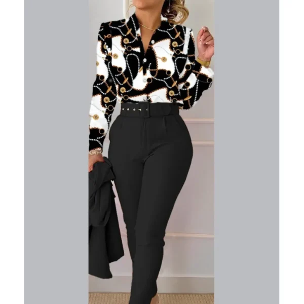 Elegant Women Printed Two Piece Suit Sets Spring Autumn V Neck Long Sleeve Shirt Top & Long Pants Set With Belt Workwear Outfits - Imagem 6