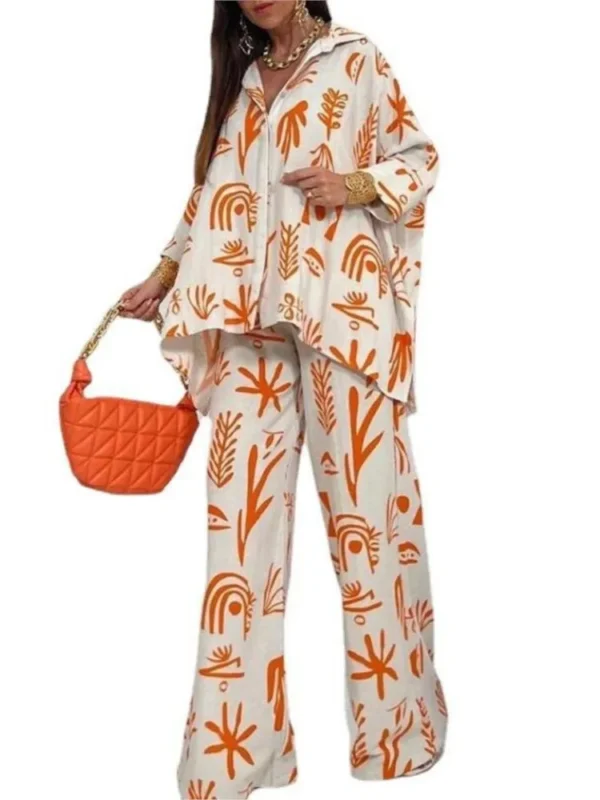 Autumn New Women's Large Casual Set New Fashion Printed Straight Trouser Loose Button Shirt Long Sleeve Long Pants Two Piece Set - Imagem 4