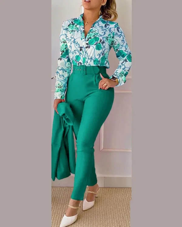 Elegant Women Printed Two Piece Suit Sets Spring Autumn V Neck Long Sleeve Shirt Top & Long Pants Set With Belt Workwear Outfits - Imagem 14